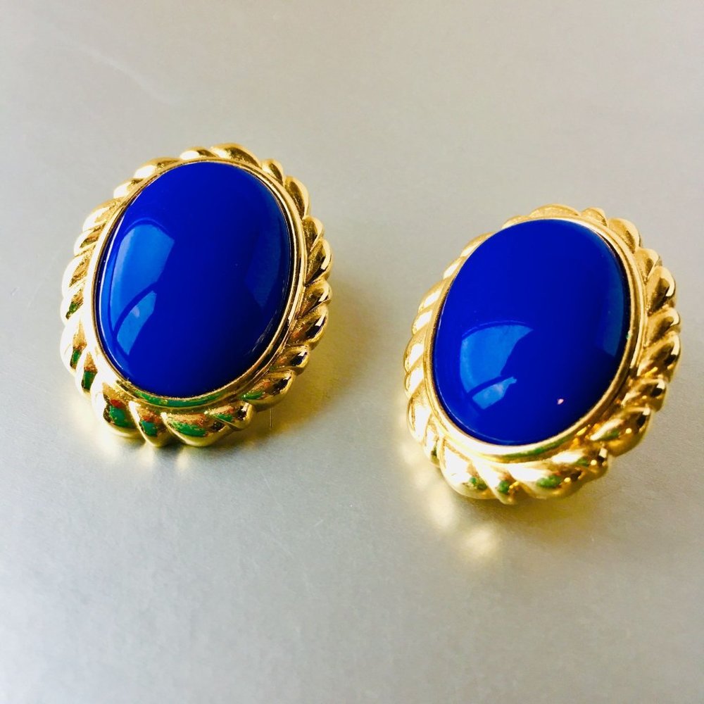Vintage Monet Jewelry Royal Blue Golden Rope Trim Clip on Earrings